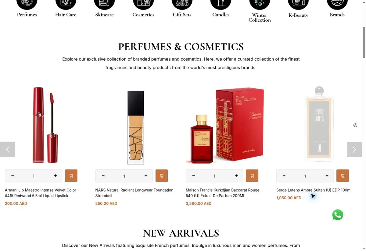 Alluring Auras online store showing its fragrance and cosmetics collection