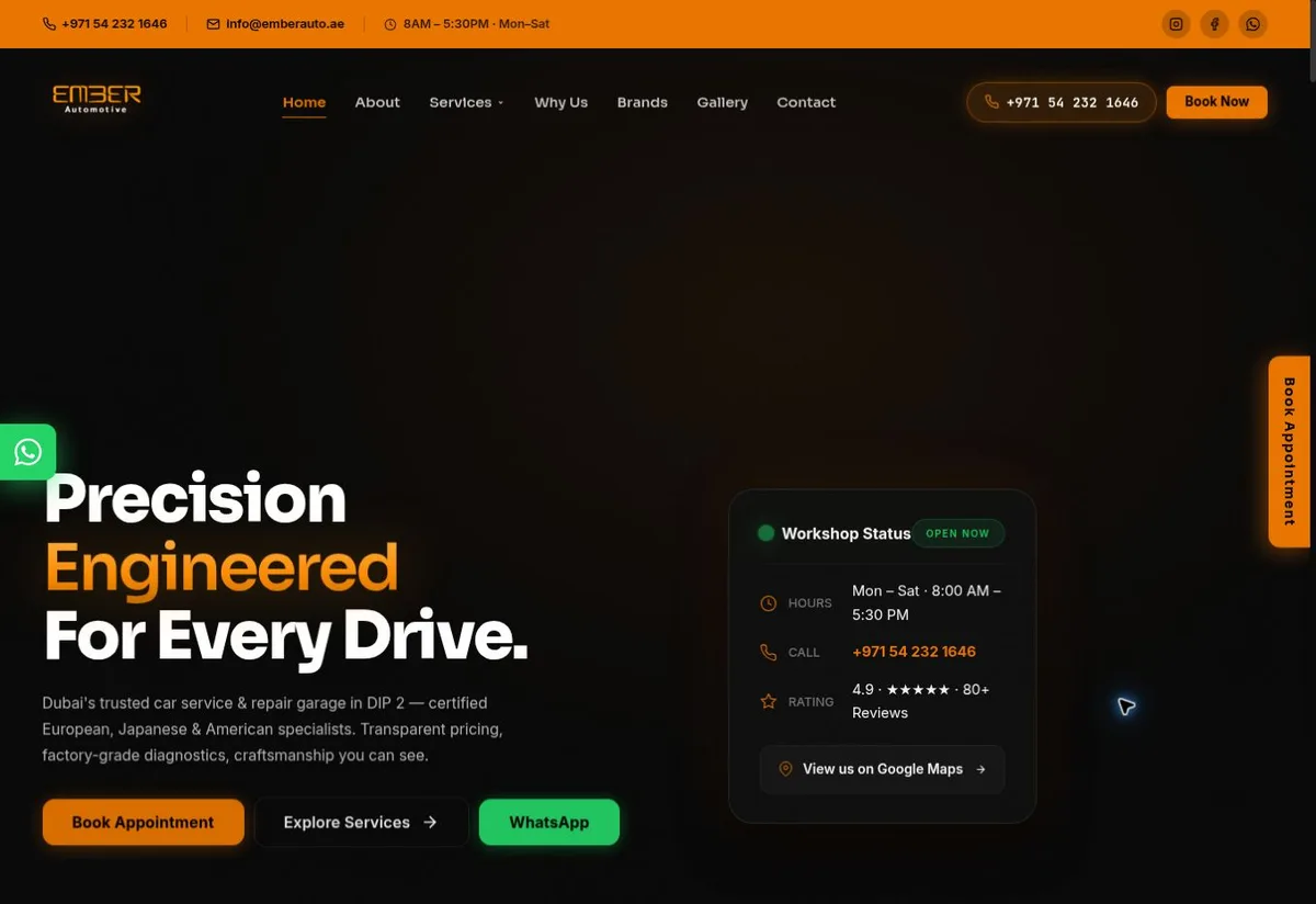 Ember Automotive website showing its Dubai workshop services and booking links