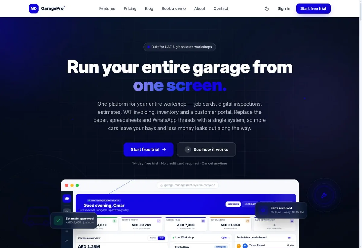 MD GaragePro public website showing its garage management platform