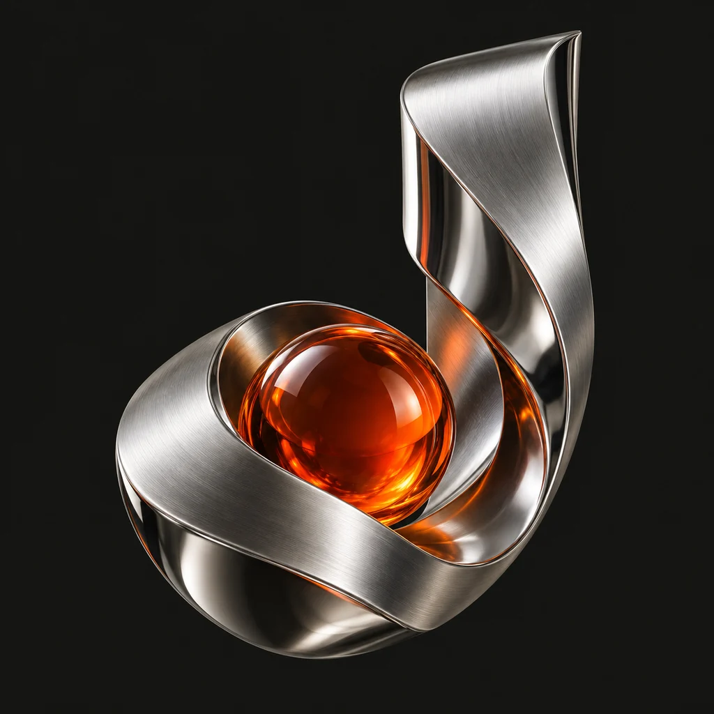 Original chrome J sculpture with an orange glass sphere