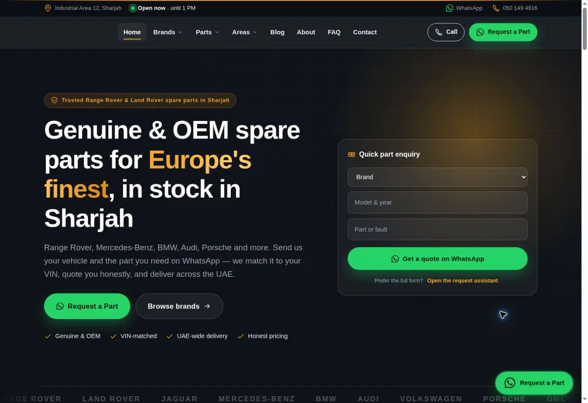 Al Jawareh Auto Spare Parts website with its vehicle and parts enquiry form